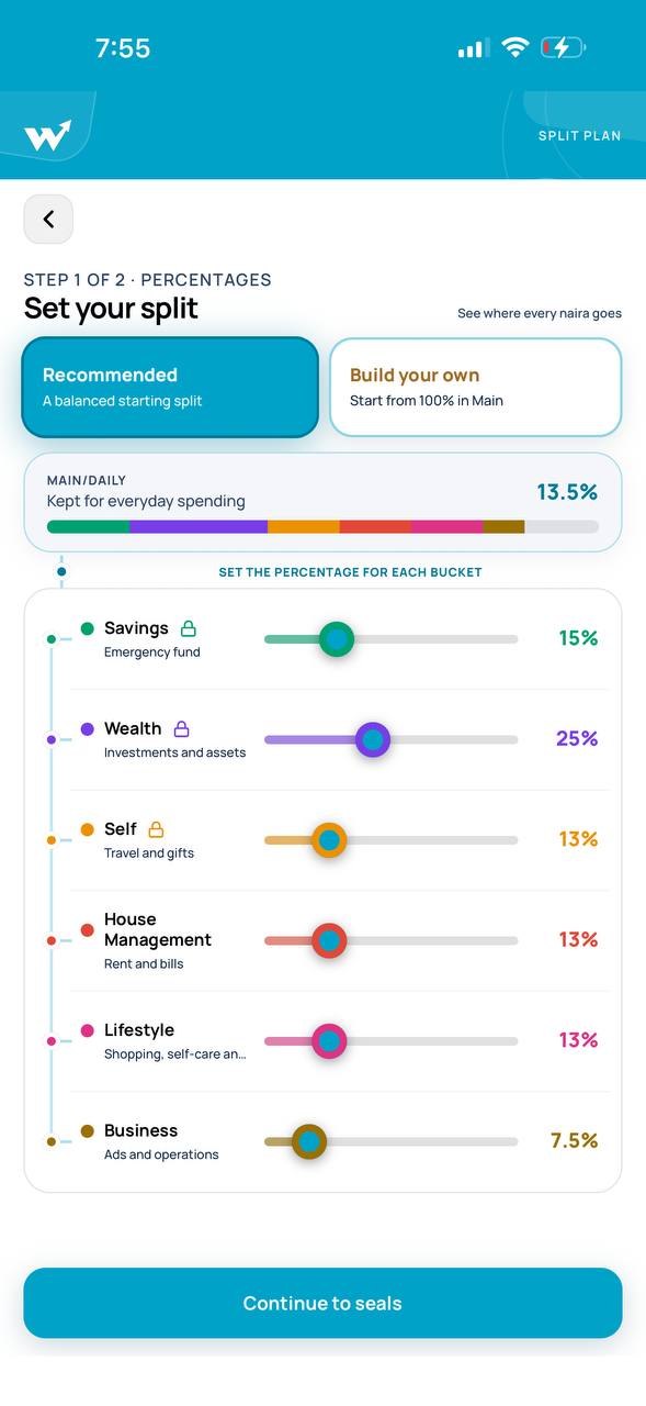 Wealtho app percentage controls for setting a personal bucket split