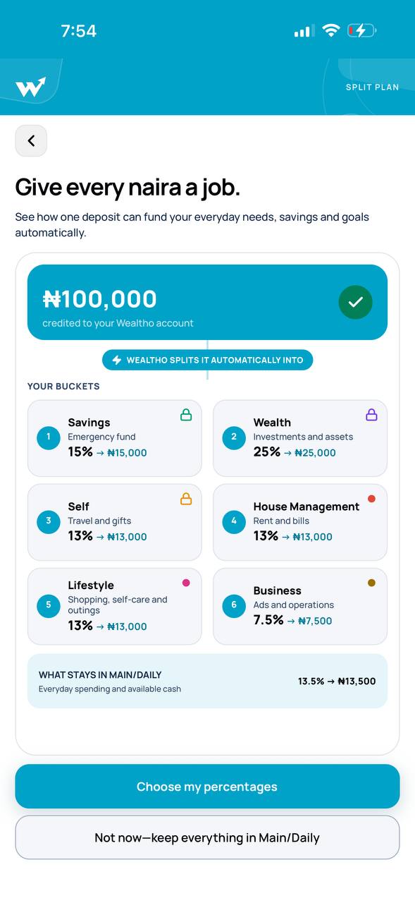 Wealtho app showing a sample deposit divided between Savings, Wealth and everyday money buckets