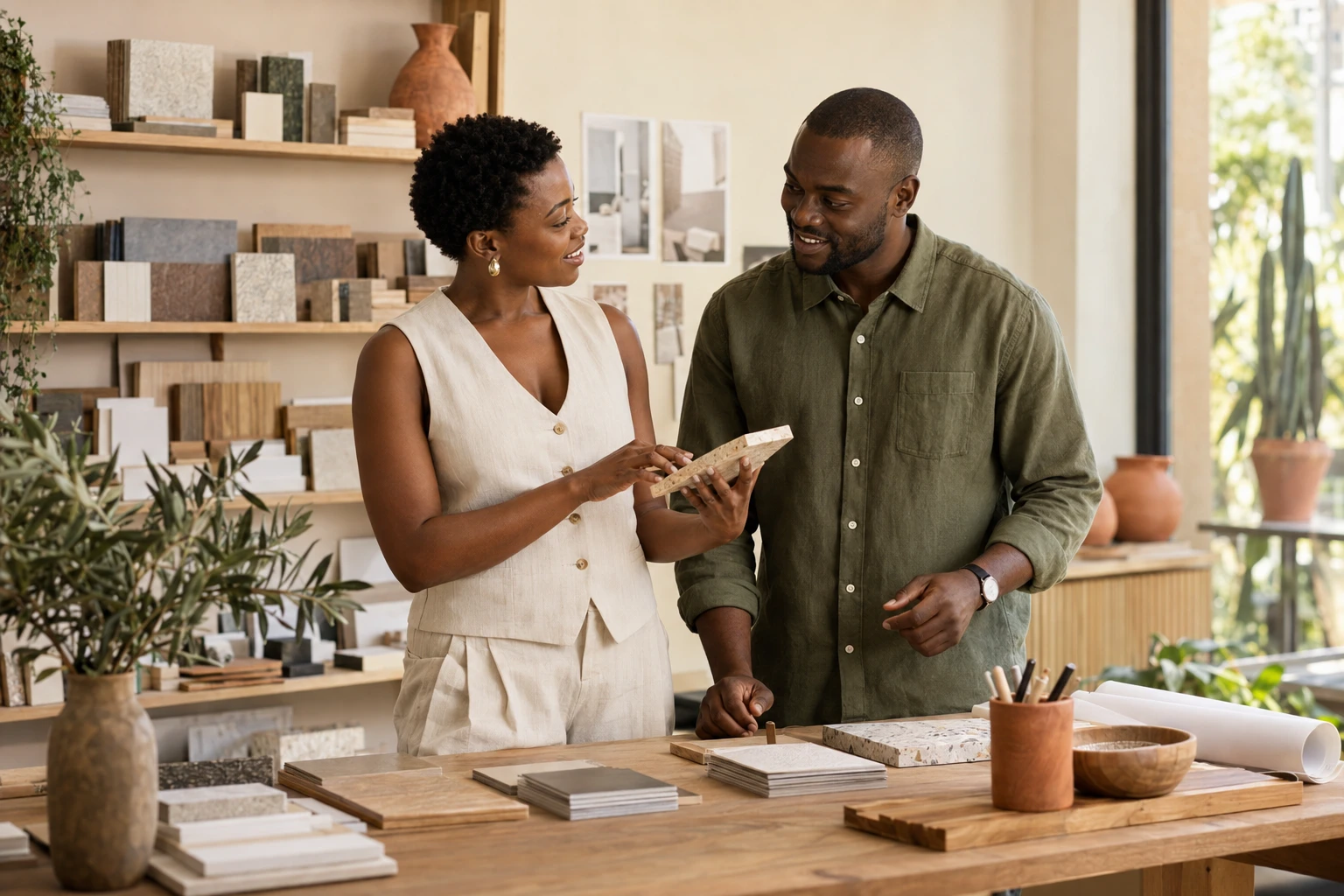 Two business owners reviewing material samples together at their studio table