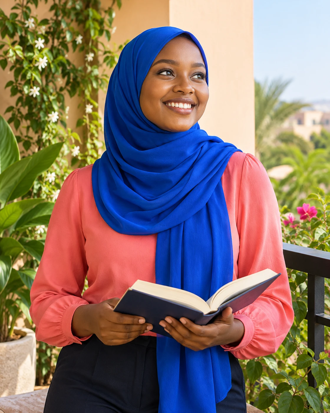 A smiling woman in a cobalt hijab reading on a sunny balcony