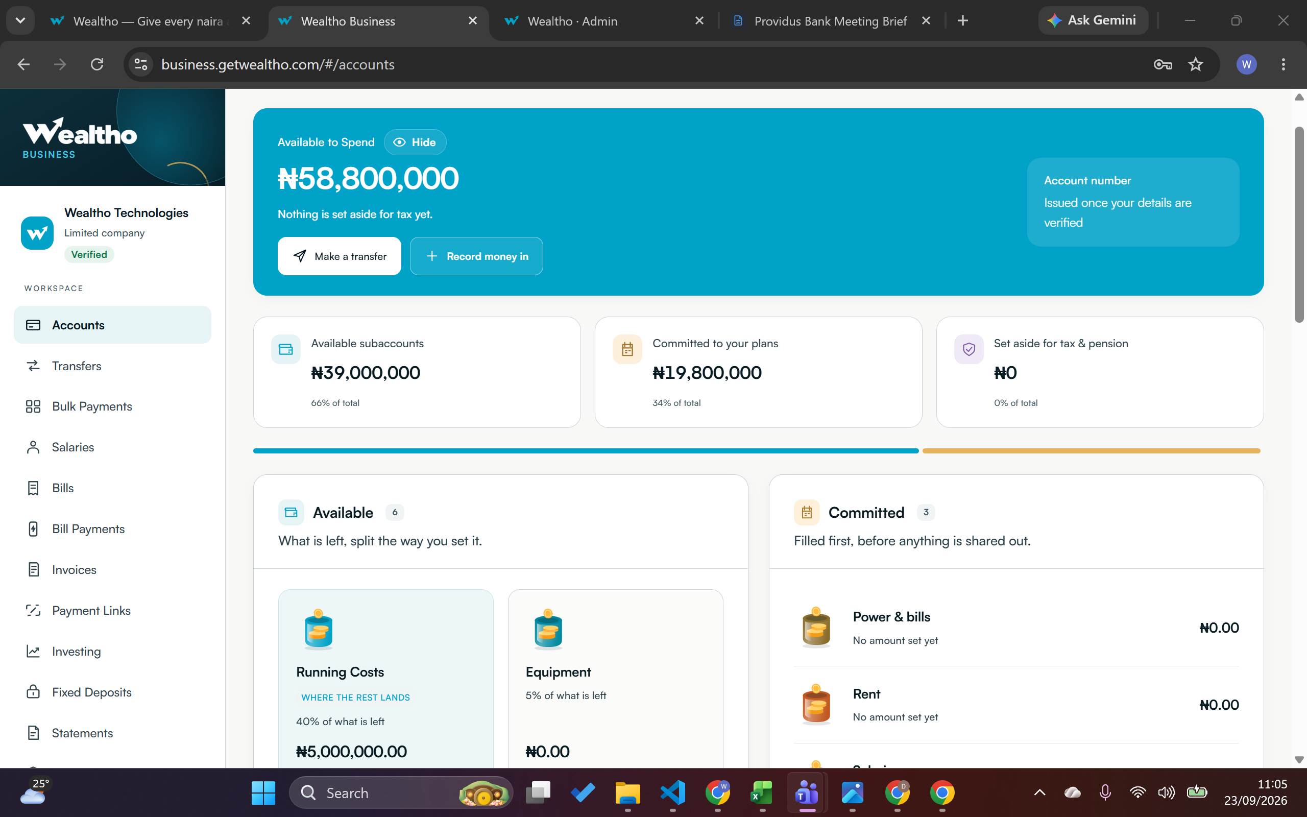 Wealtho Business Accounts dashboard showing available funds, subaccounts and committed plans