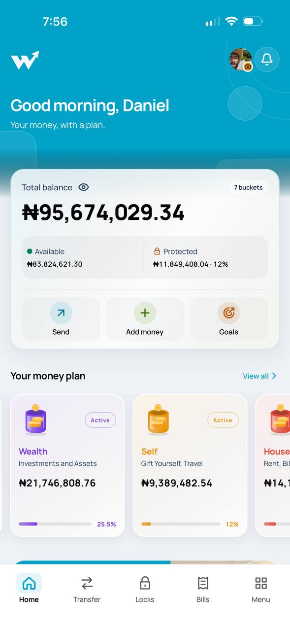 Wealtho home screen with total balance, available and protected money, and personal buckets