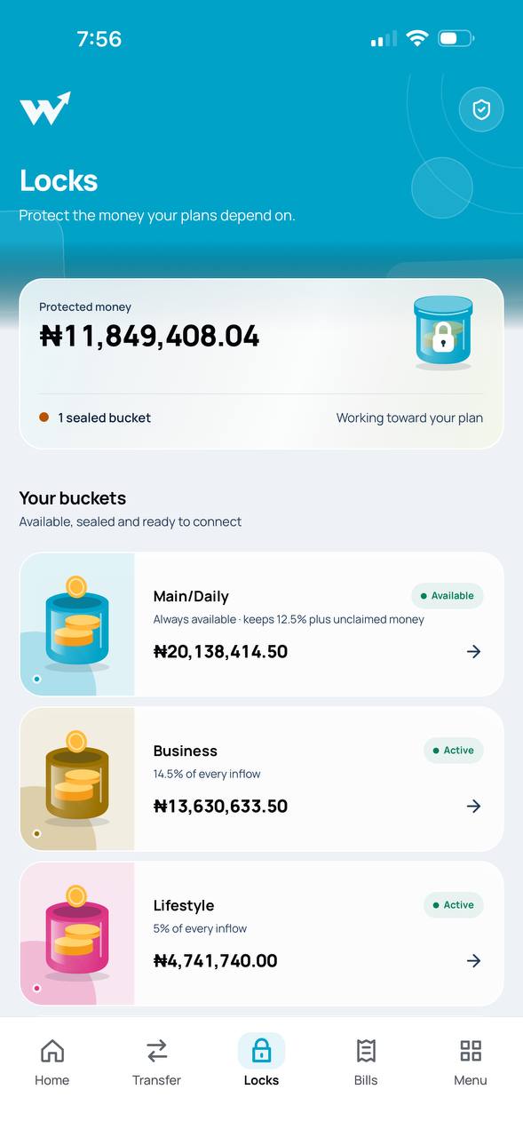 Wealtho Locks screen showing protected money and individual money buckets