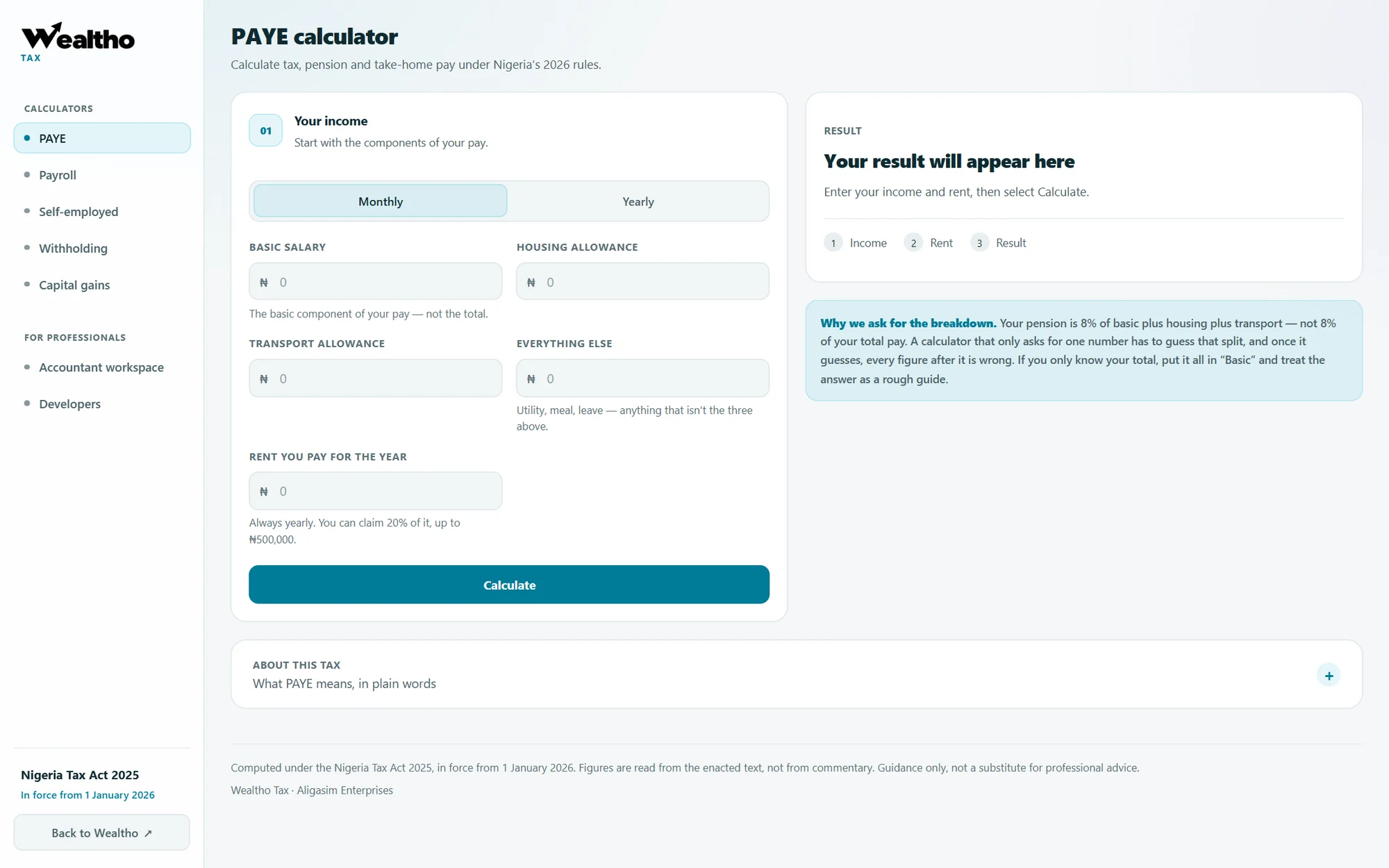 The Wealtho Tax PAYE calculator with salary components and a result panel