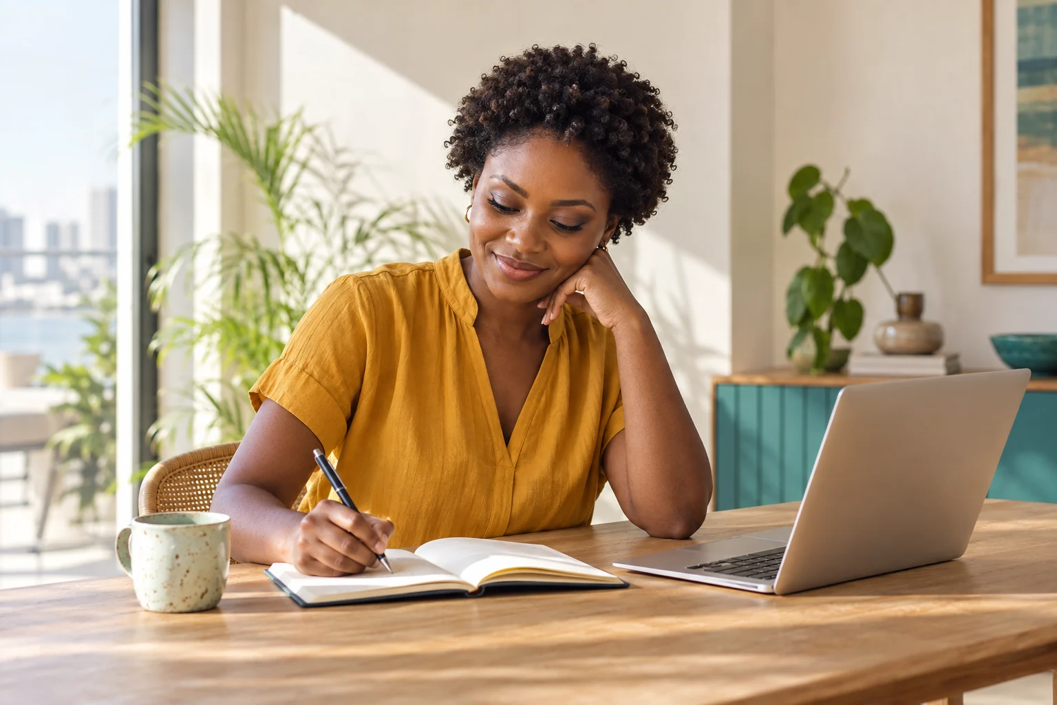 A professional reviewing her notes beside a laptop in a sunlit home studio